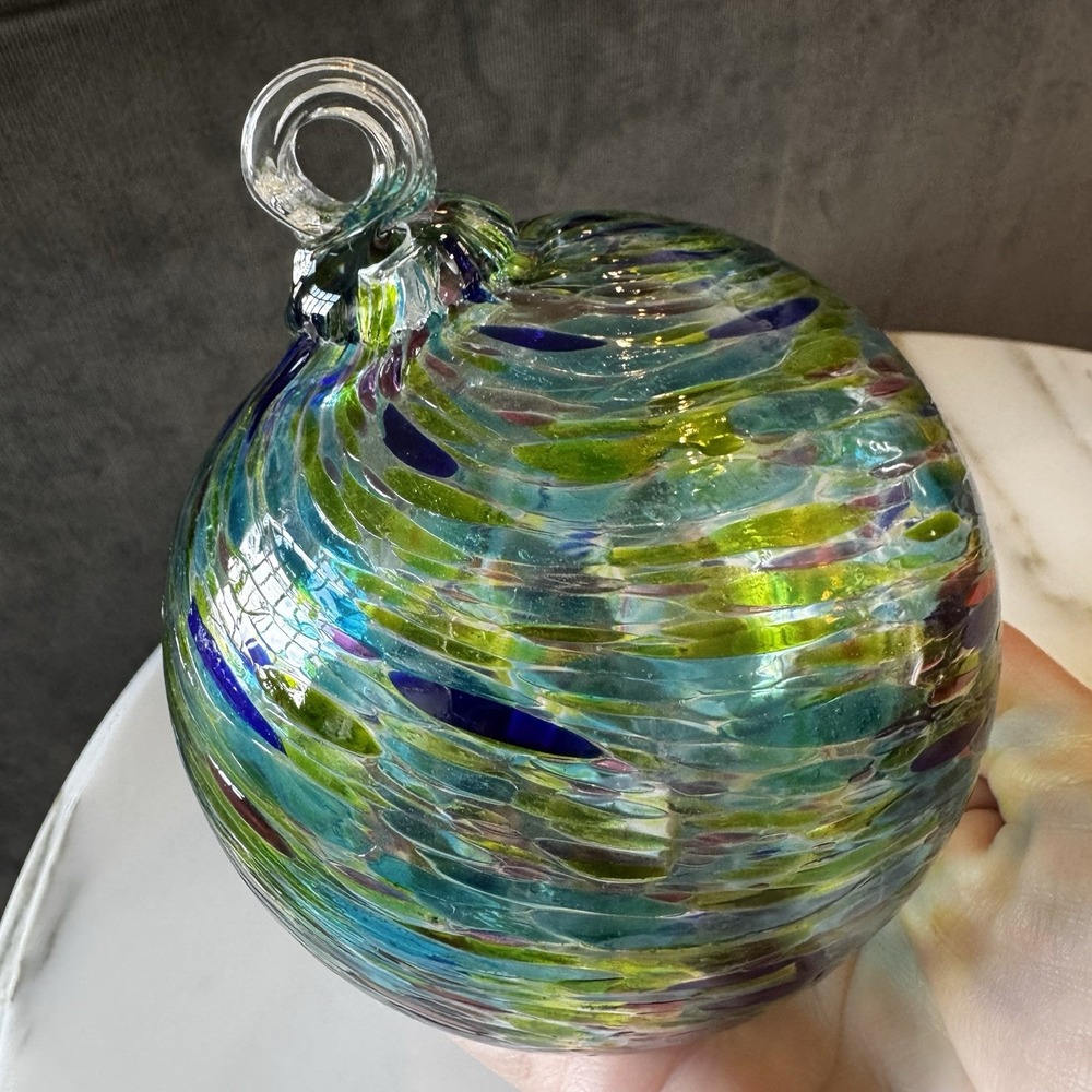 Hand Blown Art Glass Ball Green Blue Yellow Swirl Hanging Ornament 3.5"